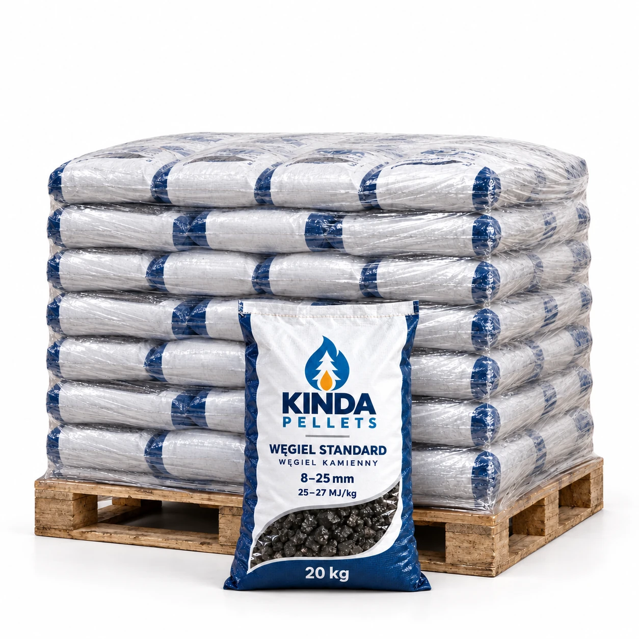 Węgiel kamienny Standard 8–25 mm, 25–27 MJ/kg · 760 kg (38 worków × 20 kg)
