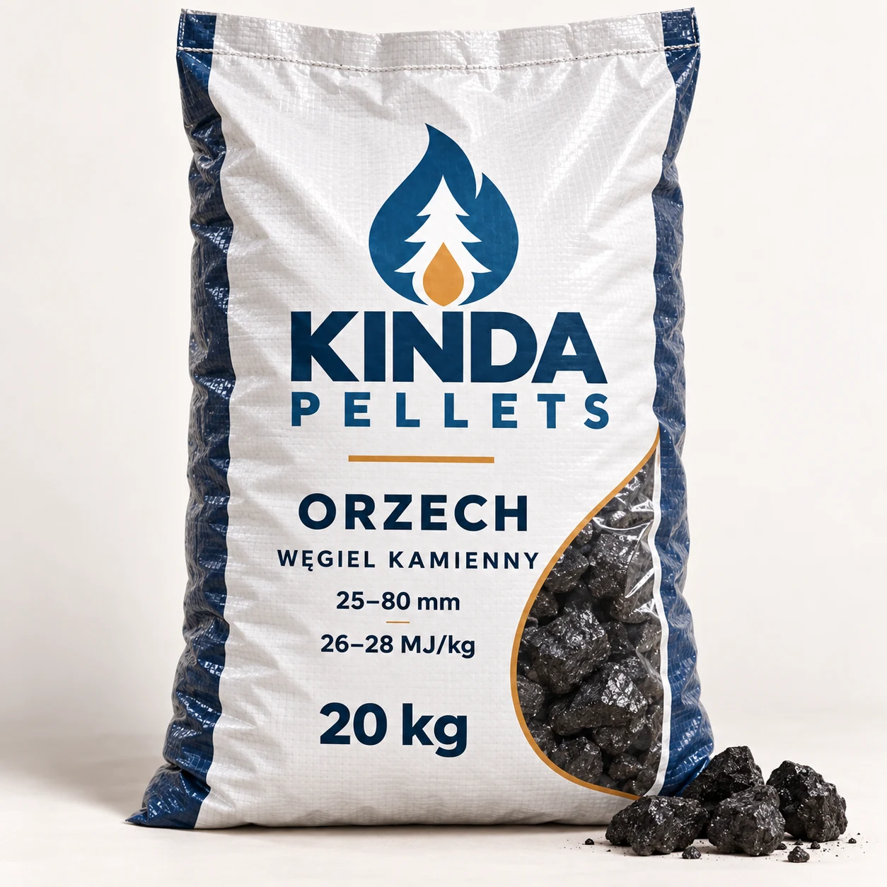 Węgiel kamienny orzech 25–80 mm, 26–28 MJ/kg · paleta 1000 kg (50 × 20 kg)