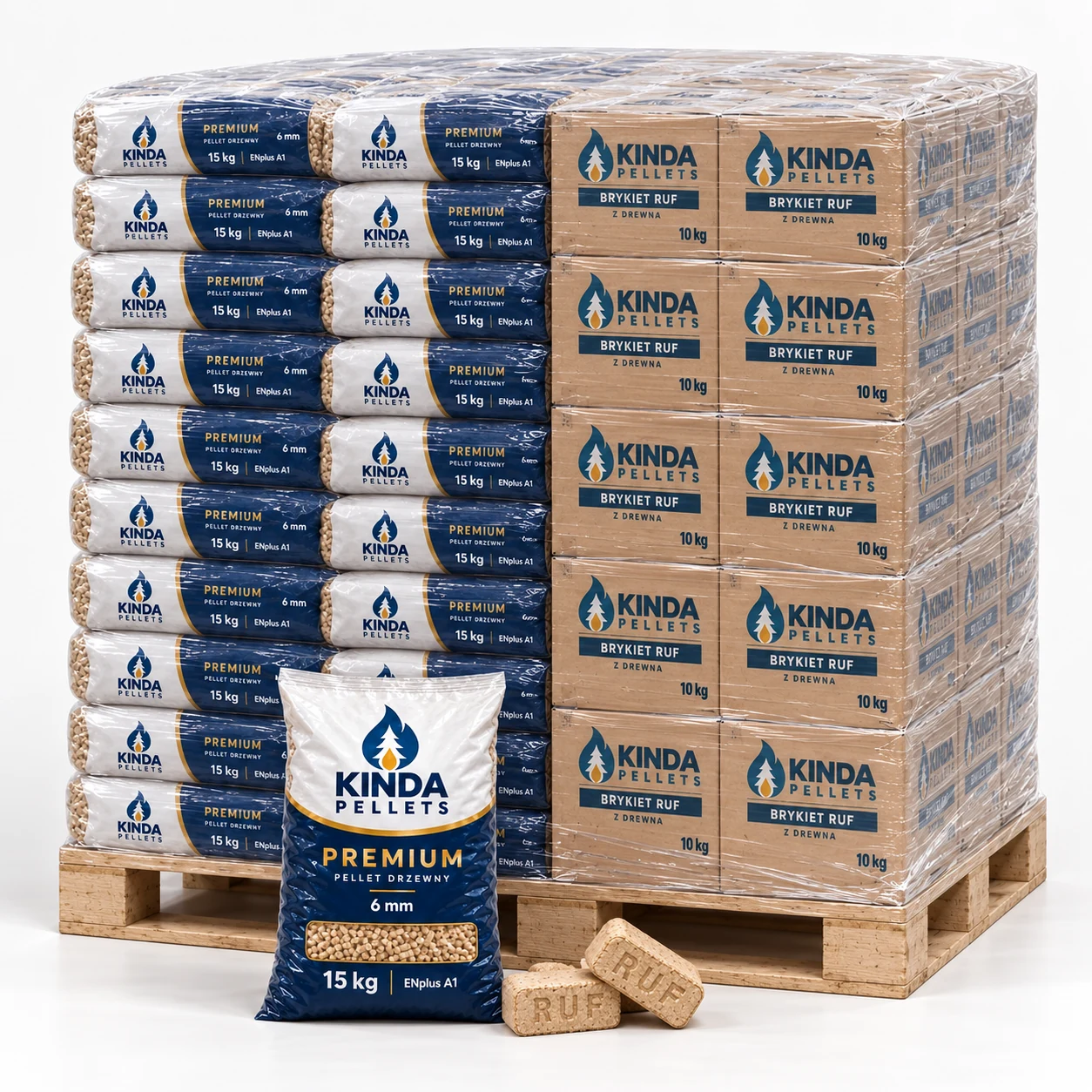 Pellet Kinda Premium ENplus A1 6 mm + brykiet drzewny RUF · 975 kg (33 worki × 15 kg + 48 kartonów × 10 kg)