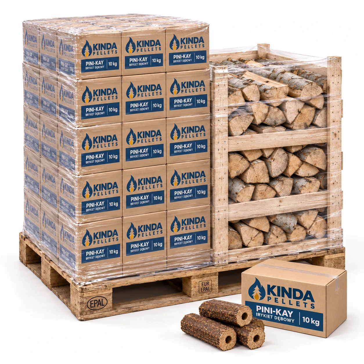 Brykiet dębowy Pini-Kay + suche bukowe drewno kominkowe 25 cm · 480 kg + 0,5 mp (48 kartonów × 10 kg + 1 skrzynia drewna)